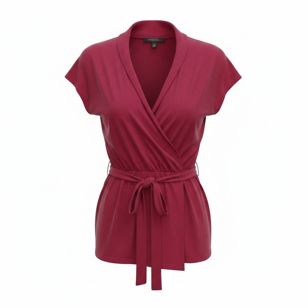 C'est City Wrap Cardigan Womens L Red Silk Cotton Short Sleeve Tie Waist